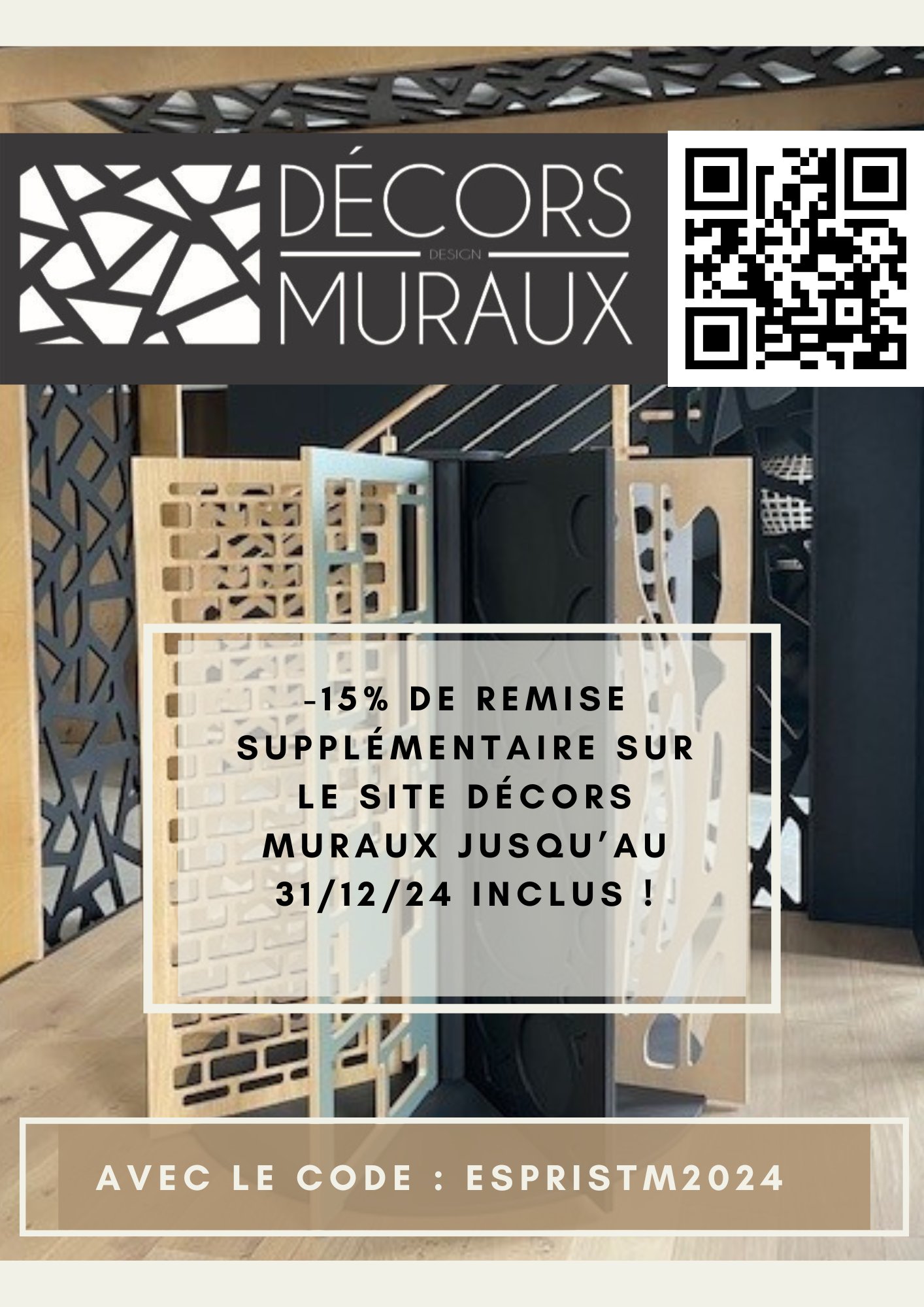 ** 🎉 Retrouvez-nous au salon Esprit Meuble et Esprit Cuisines du 16 au 19 novembre 2024 ! 🎉 **

Nous serons présents pour vous présenter nos claustras et autres solutions de décoration d'intérieur disponibles sur notre site DÉCORS MURAUX. En plus de structurer vos espaces, installer un claustra ajoutera une réelle valeur esthétique à votre showroom, pour un effet à la fois moderne et raffiné.

👉 **Astuce spéciale salon** : Venez avec vos dimensions déjà prises pour votre futur claustra, et profitez de **15% de remise immédiate** ! C’est l’occasion idéale pour repartir avec un projet personnalisé.

📅 On vous attend nombreux, prêts à donner vie à vos idées !

 #claustrainterieur #separateurdespace #panneauxmuraux3d #décorsmuraux #claustraboissurmesure #décorationintérieure #agencement #panneauxmuraux